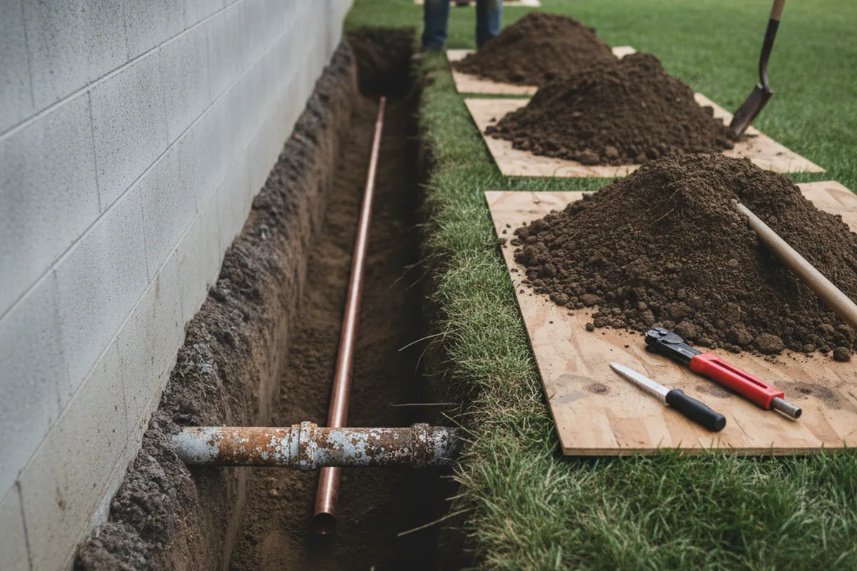 Excavated water line trench during Water Softener Installation in Herndon